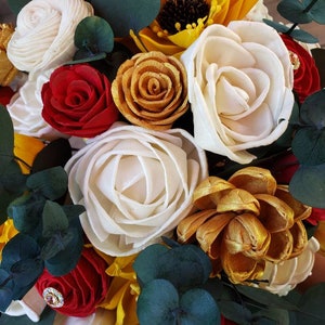 red gold yellow bouquet, sunflower bouquet, bridal bouquet, wedding bouquet, sola wood flowers image 3