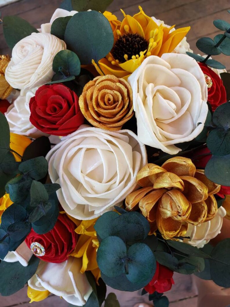 red gold yellow bouquet bridal bouquet wedding bouquet sunflower bouquet sola wood flowers