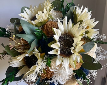 fall wedding bouquet, sunflowers navy and gold, sola wood flowers