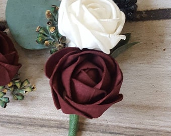 Burgundy Boutonniere, burgundy white boutonniere, red boutonniere, groom boutonniere, groomsmen Boutonnieres, rose boutonnieres