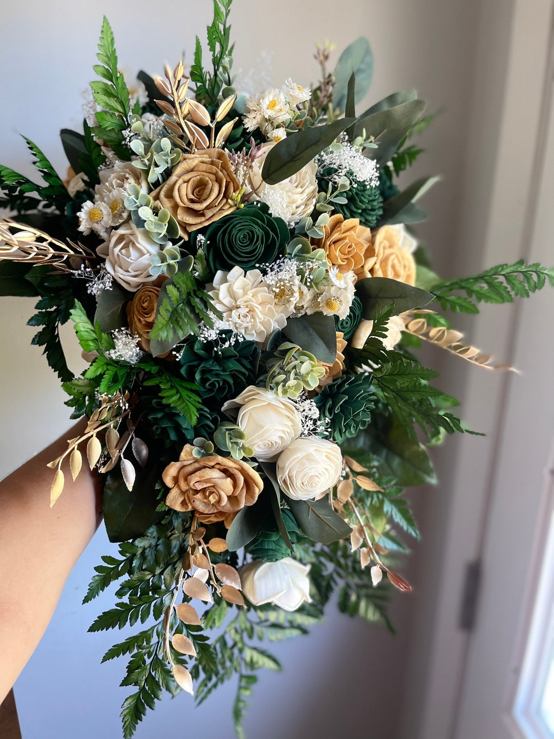 Emerald green and gold wedding bouquet sola wood flowers image 1