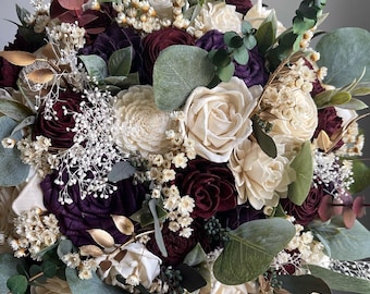 Burgundy and plum wedding bouquet, sola wood flowers