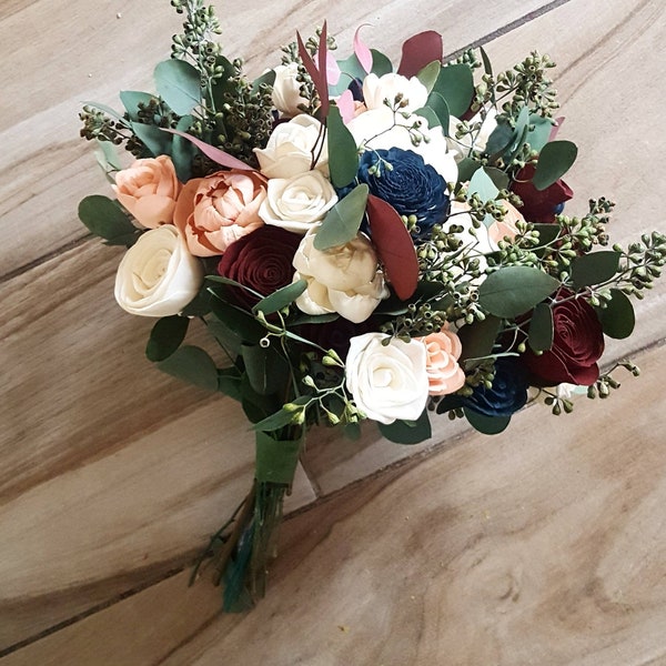 navy burgundy blush boho bouquet, bridal bouquet, sola wood flowers