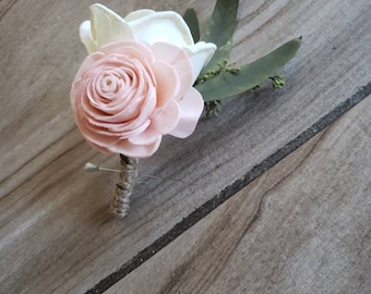 Blush and ivory boutonniere, groom boutonniere, sola wood flowers