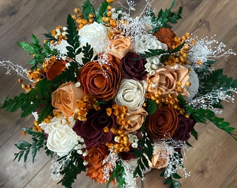 Burgundy burnt orange and peach bridal bouquet | sola wood flowers | keepsake bouquet