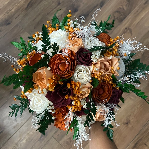 Burgundy burnt orange and peach bridal bouquet | sola wood flowers | keepsake bouquet