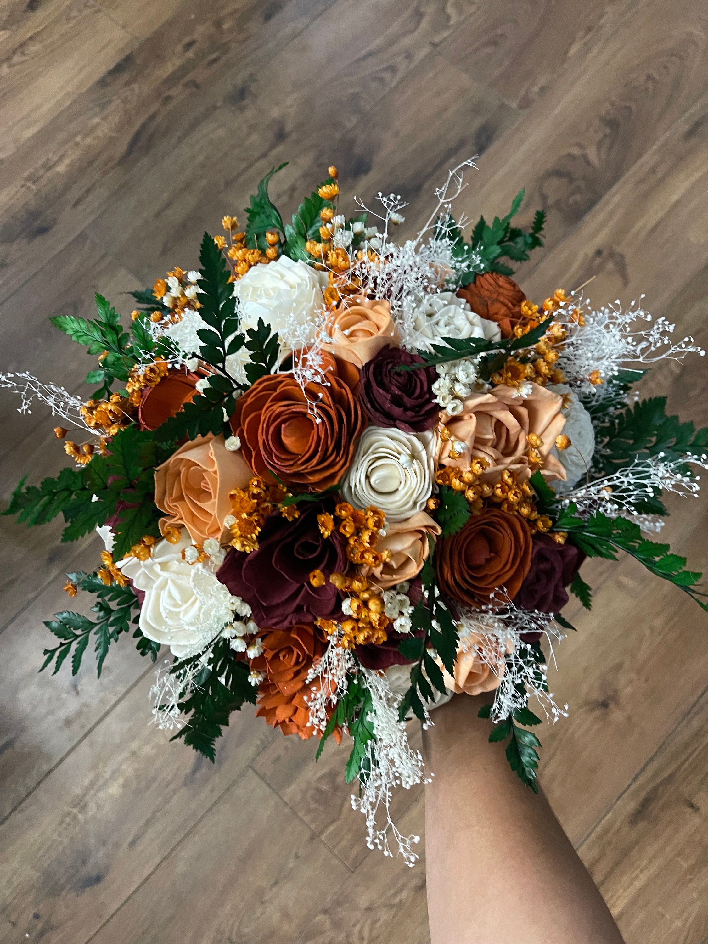 Burgundy Burnt Orange and Peach Bridal Bouquet | Sola Wood Flowers