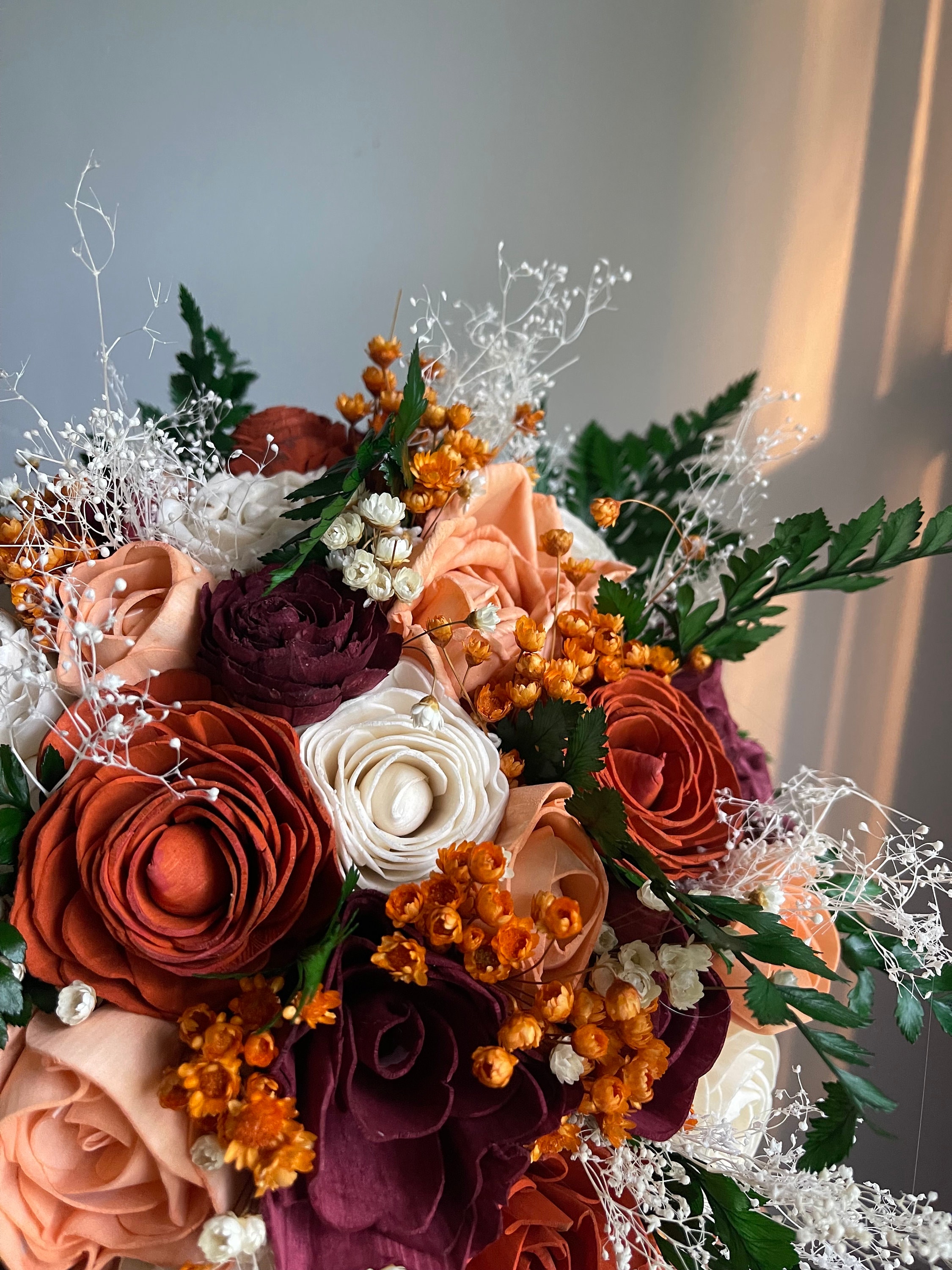 Burgundy Burnt Orange and Peach Bridal Bouquet | Sola Wood Flowers