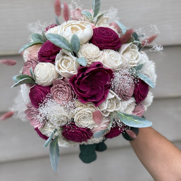 Mulberry and dusty rose wedding bouquet, sola wood flowers