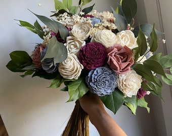 Dusty blue dusty rose and burgundy bridal bouquet | sola wood flowers | keepsake bouquet