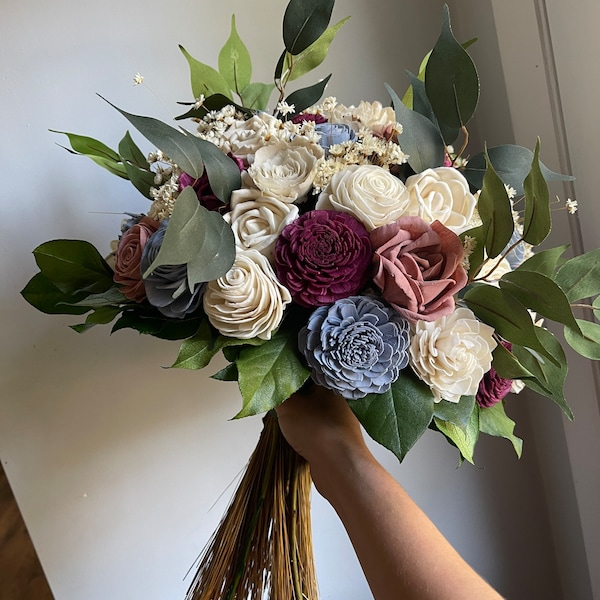 Dusty blue dusty rose and burgundy bridal bouquet | sola wood flowers | keepsake bouquet