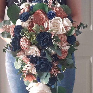 Rose gold and navy blue cascading bouquet, wedding bouquet, sola wood flowers