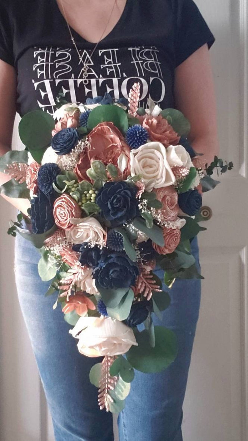 Rose gold and navy blue cascading bouquet wedding bouquet