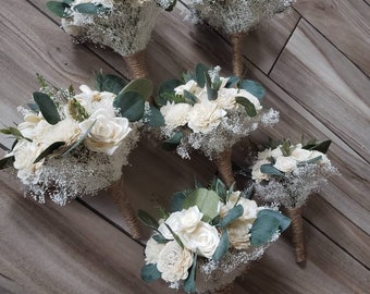 Ivory bridesmaid bouquets,sola wood flowers,