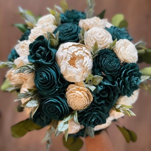 Teal wedding bouquet, sola wood flowers