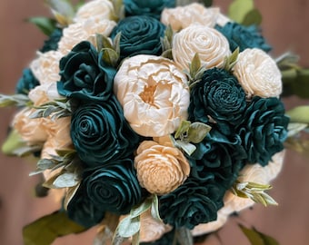 Teal wedding bouquet, sola wood flowers