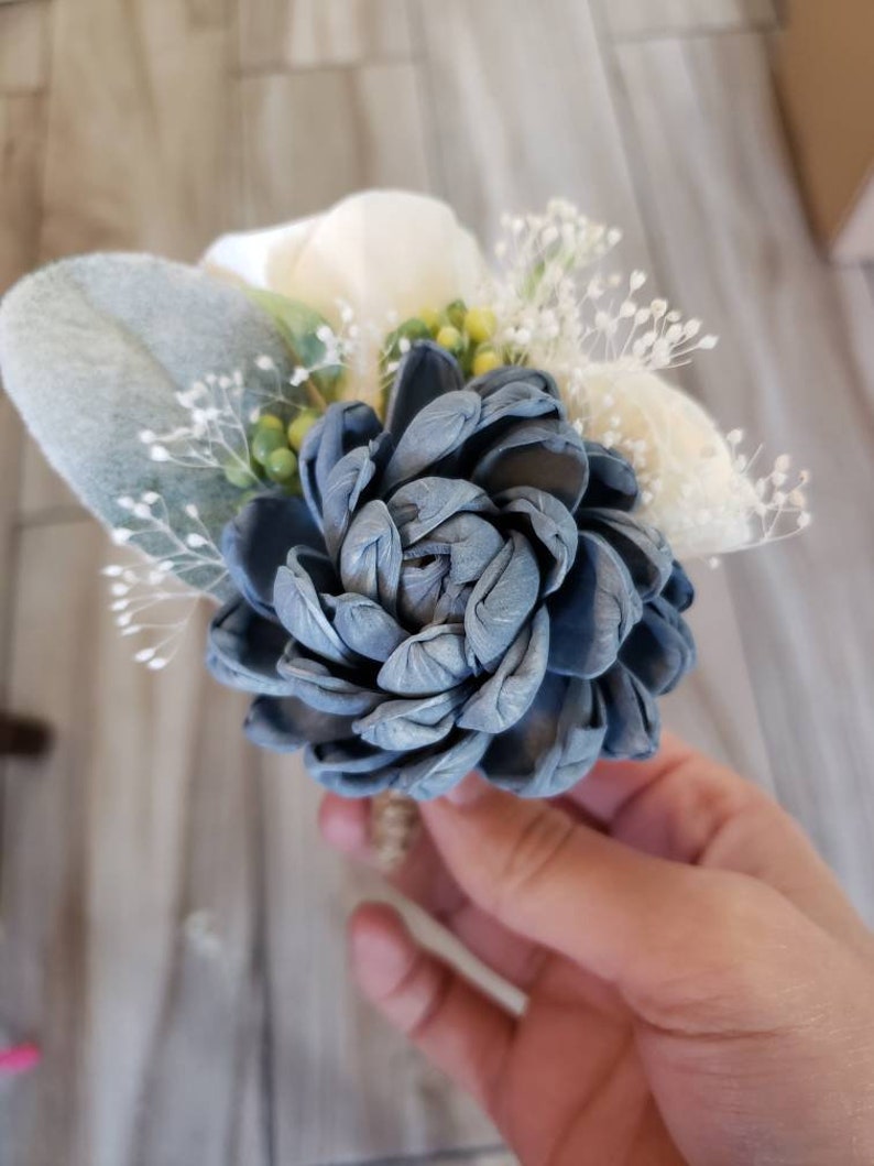 Steel blue and white boutonniere groom boutonniere sola wood flowers