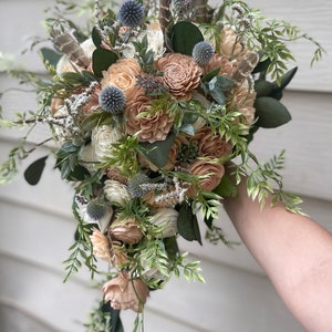 Boho Copper and champagne wedding bouquet | bouquet with feathers | neutral tones bouquet | sola wood flowers