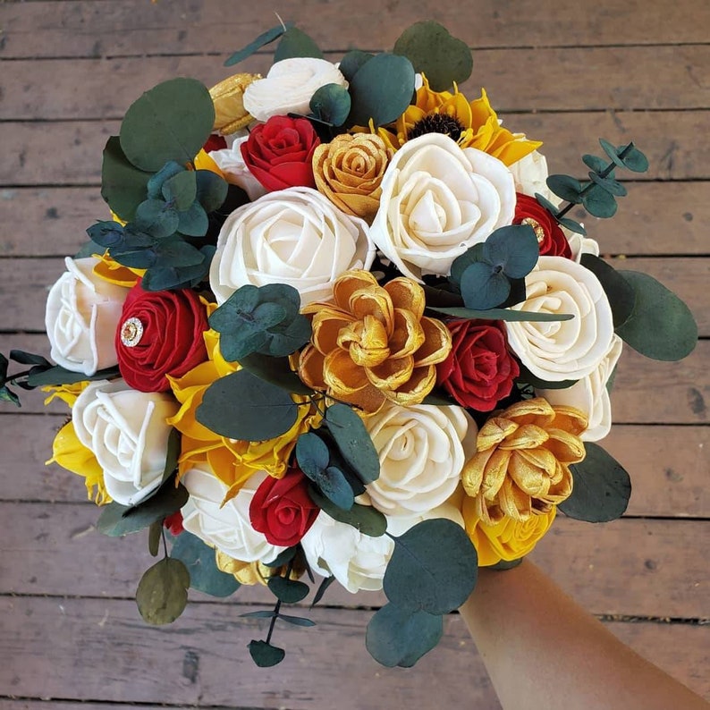 red gold yellow bouquet, sunflower bouquet, bridal bouquet, wedding bouquet, sola wood flowers image 1