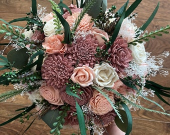 Dusty rose wedding bouquet, winter wedding flowers, sola wood flowers