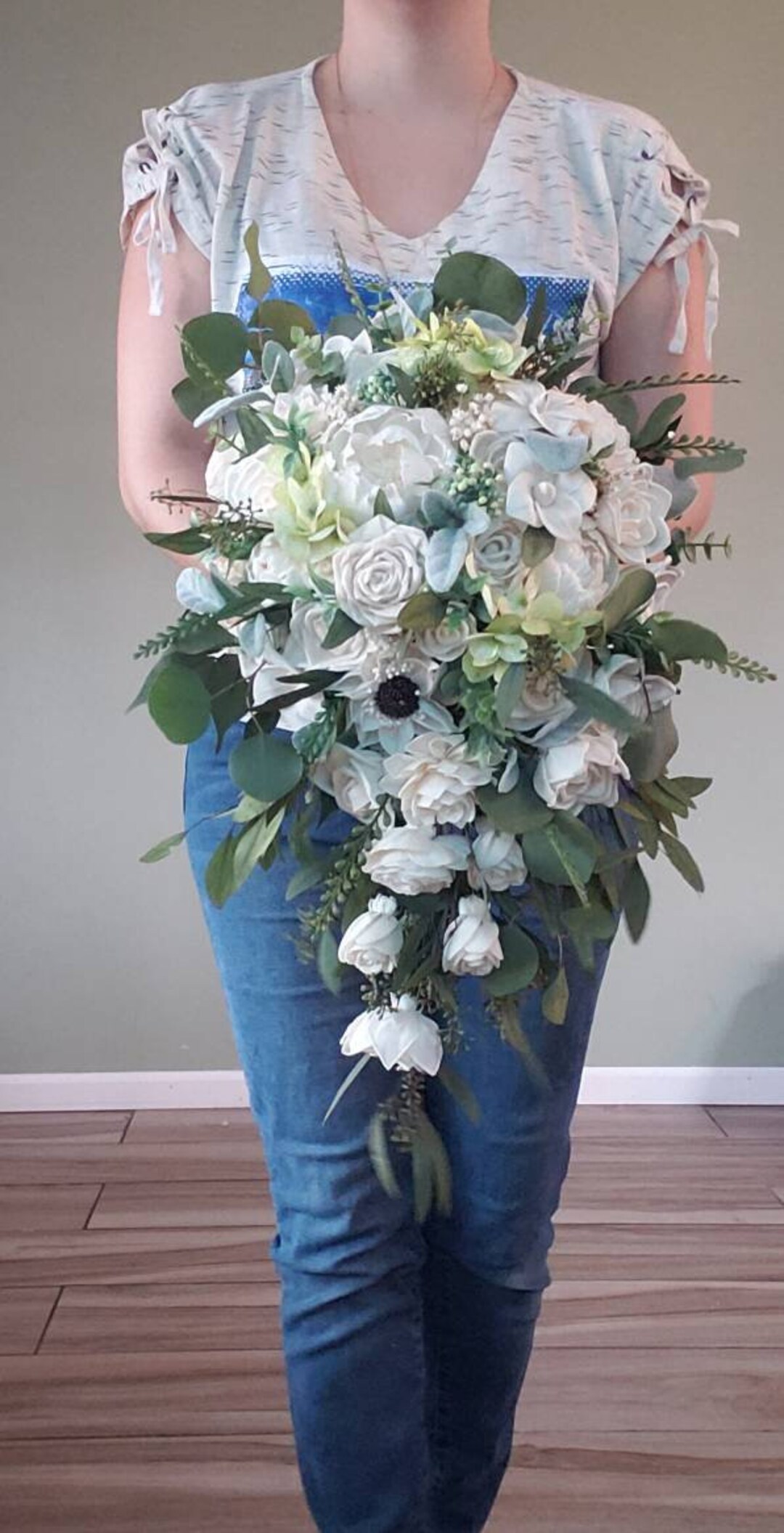 Ivory and Greens Sola Wood Flower Cascading Bouquet, Wedding Flowers Etsy