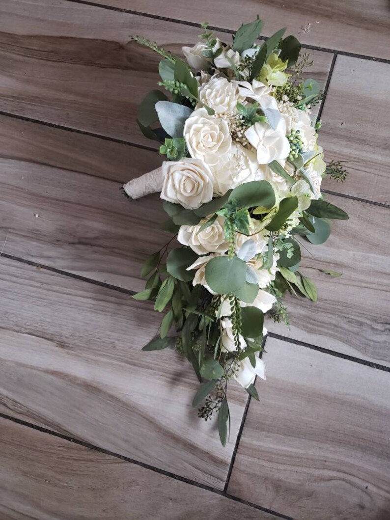 Ivory and Greens Sola Wood Flower Cascading Bouquet Wedding Etsy