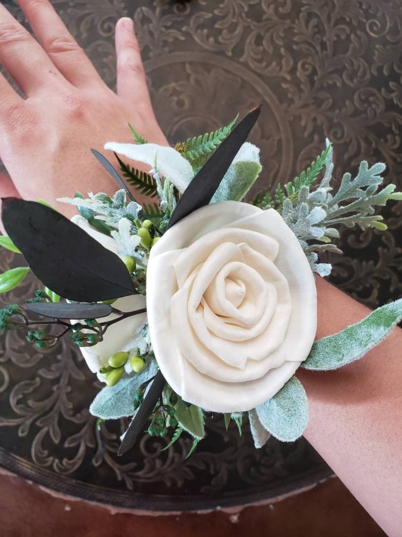Ivory Flower Wrist Corsage Sola Wood Flowers Greenery and Etsy