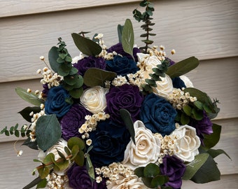 Plum and navy blue wedding bouquet, bridal bouquet, sola wood flowers