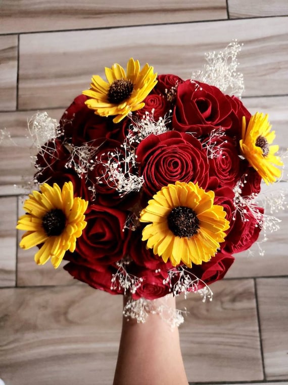 Rosas rojas y girasoles amarillos ramo ramo de boda flor de - Etsy España