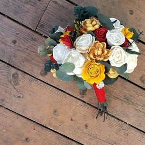 red gold yellow bouquet, sunflower bouquet, bridal bouquet, wedding bouquet, sola wood flowers image 2
