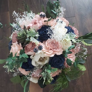 Blush navy and succulents bouquet, sola wood flowers