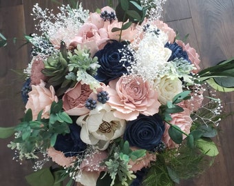 Blush navy and succulents bouquet, sola wood flowers