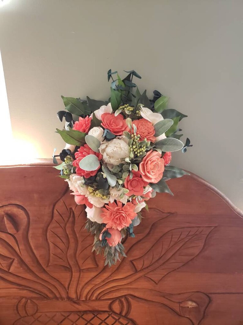Coral Cascading Bouquet Wedding Bouquet Sola Wood Flowers Etsy