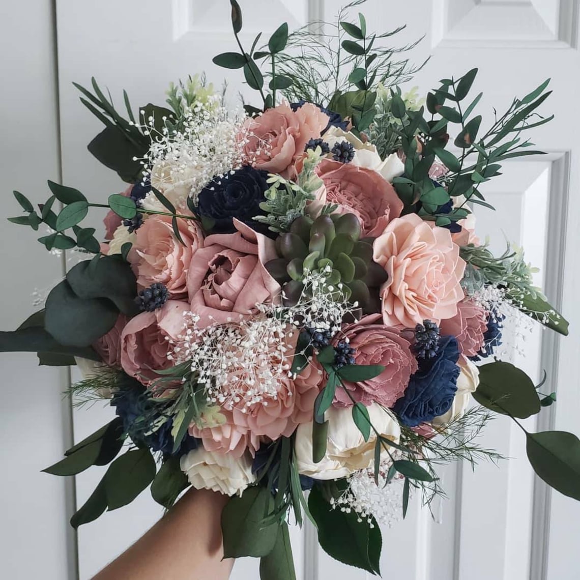 Blush navy and succulents bouquet sola wood flowers Large bridal 12"