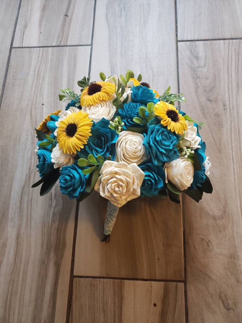 Turquoise and yellow sunflowers wedding bouquet sola wood image 2