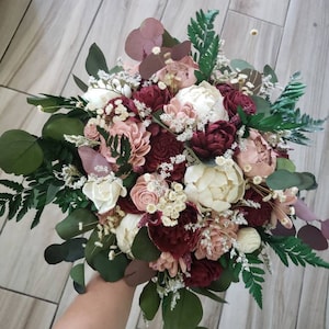 Burgundy and dusty rose bridal bouquet, sola wood flowers