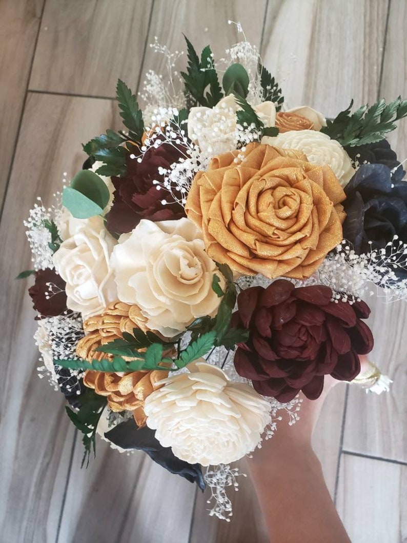 Gold burgundy and navy blue wedding bouquet sola wood Etsy