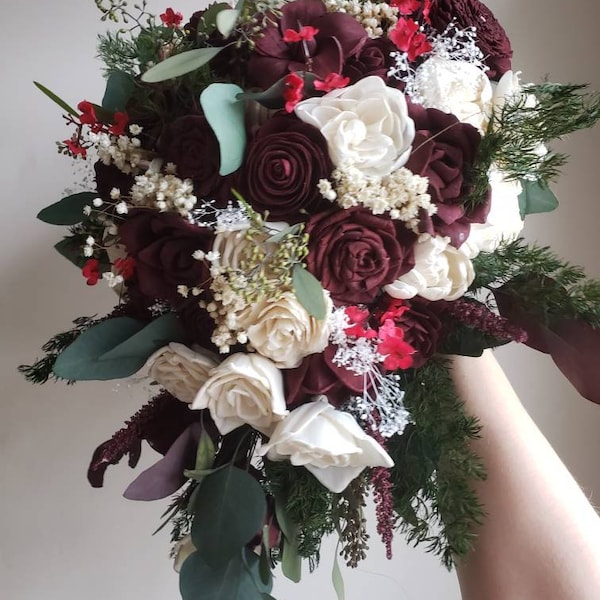 Sola wood flower off white and burgundy cascading bouquet, wedding flowers