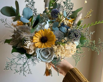 Light blue light grey and yellow wild flower bouquet, sola wood flowers, blue wedding bouquet
