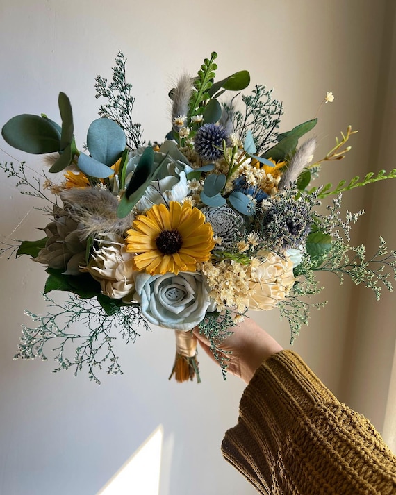 Yellow Blue Gray Wedding Bouquet - Dried Flowers Forever