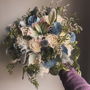 Boho dusty blue and succulent bouquet, sola wood flowers