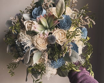 Boho dusty blue and succulent bouquet, sola wood flowers