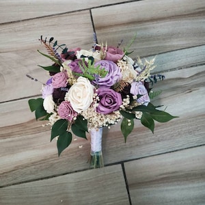 Plum wisteria and lavender bridal bouquet, fall wedding