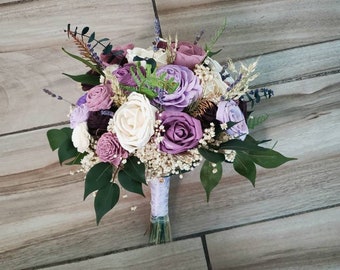 Plum wisteria and lavender bridal bouquet, fall wedding