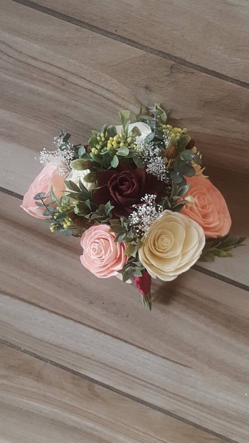 rustic wedding sola wood flower Blush and burgundy bridal bouquet