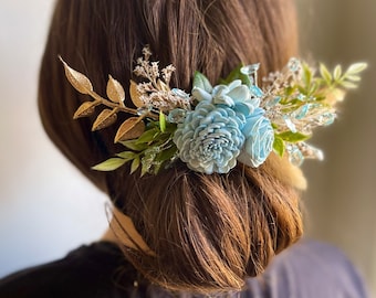 Light blue hair comb | dried flower comb | wedding hair accessories | sola wood flowers