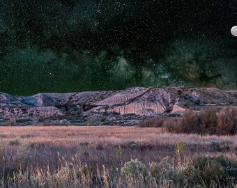 Marsh Trail Night an astrophotography composite photograph. A panoramic nightscape depicting the milky way & a full moon.