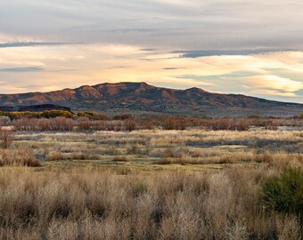 South Loop View is a late day landscape photo at the Bosque del Apache, San Antonio, NM. Printed in house with archival grade materials.