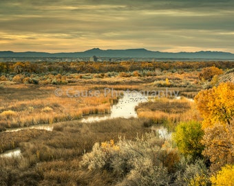 Oxbow Dawn #1 - San Antonio Owbow on the Rio Grande River is a pre-sunrise landscape photograph with a city skyline backdrop