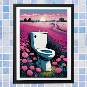 Toilet Pink Flowers Field Art Print: Original Bathroom Wall Decor Poster